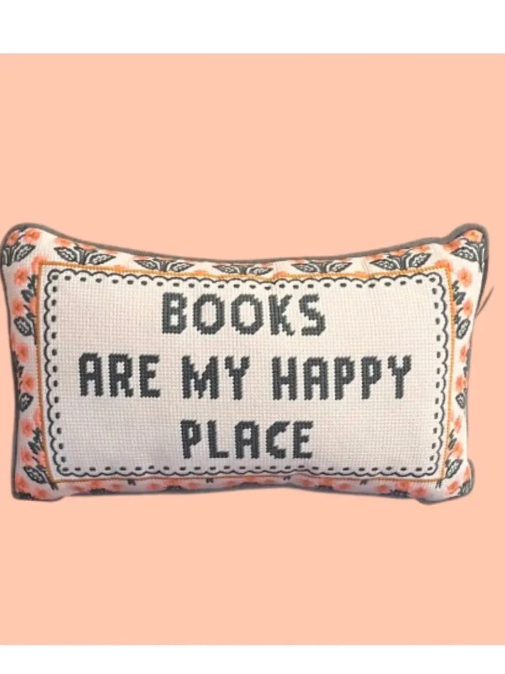🆕- Embroidered  “BOOKS ARE MY HAPPY PLACE” Accent Pillow with Floral Border